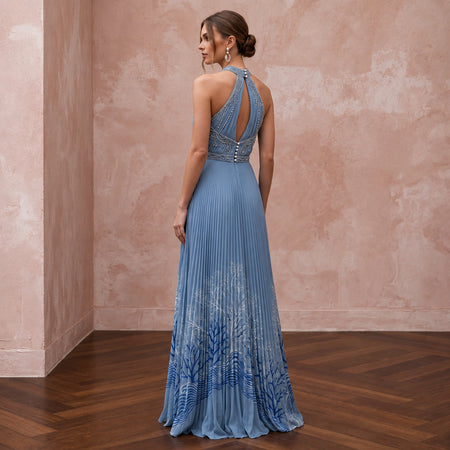 Dusty Blue Chiffon Halter Neck Pleated Evening Prom Dress - Apparel & Accessories > Clothing > Wedding & Bridal Party Dresses > Wedding Dresses - Mignonette Bridal