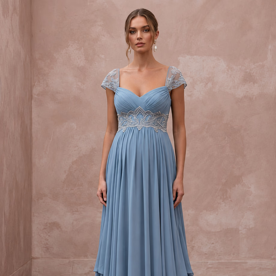 Dusty Blue Flowing Georgette Empire Waist Maternity Formal Dress - Apparel & Accessories > Clothing > Wedding & Bridal Party Dresses > Wedding Dresses - Mignonette Bridal