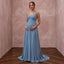 Dusty blue flowing georgette maternity dress with empire waist, perfect for formal occasions.