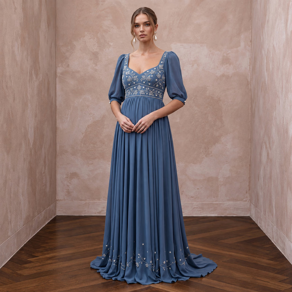 Dusty Blue Flowing Georgette Empire Waist Maternity Formal Dress
