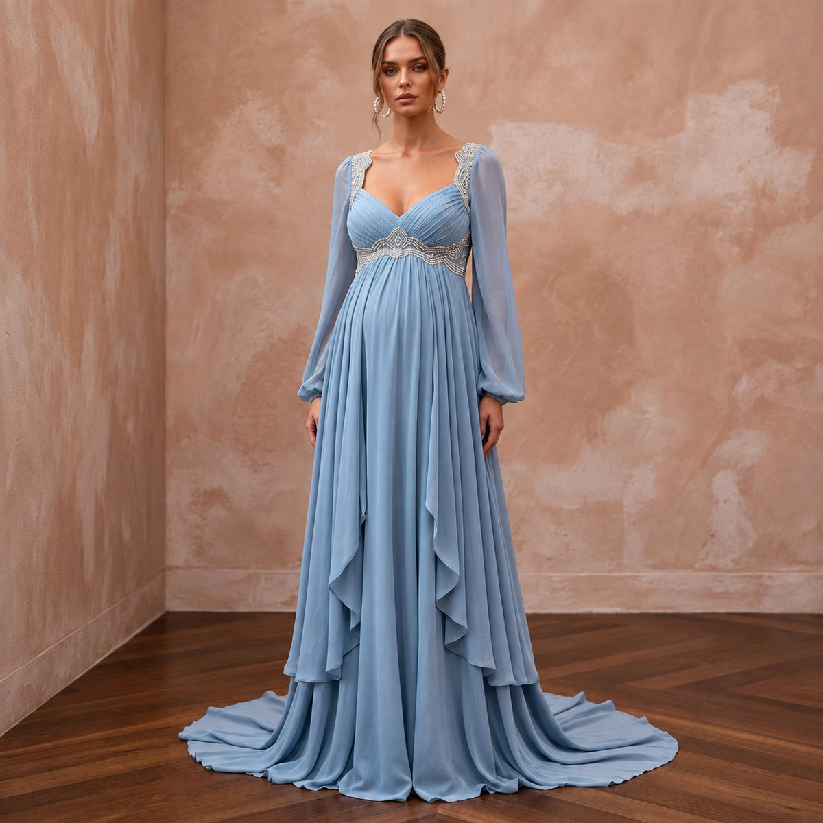 Dusty Blue Flowing Georgette Empire Waist Maternity Formal Dress Main image