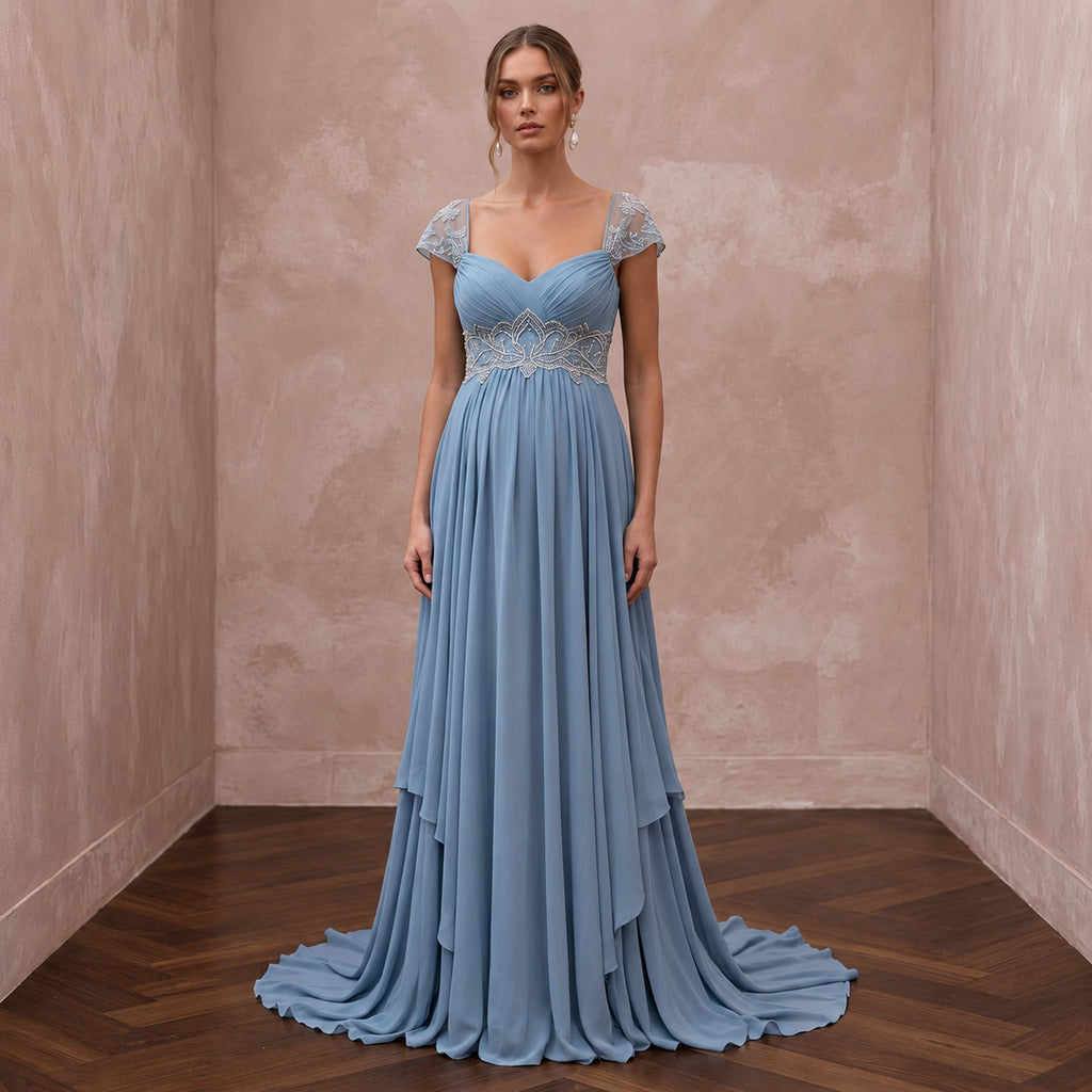 Dusty Blue Flowing Georgette Empire Waist Maternity Formal Dress - Apparel & Accessories > Clothing > Wedding & Bridal Party Dresses > Wedding Dresses - Mignonette Bridal