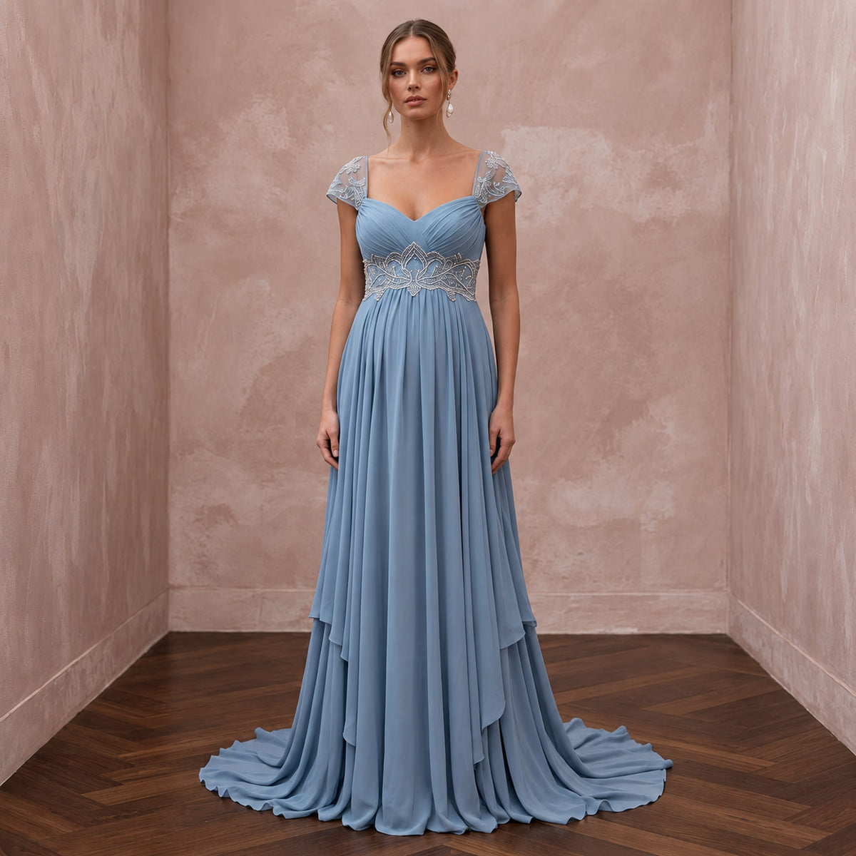 Dusty Blue Flowing Georgette Empire Waist Maternity Formal Dress - Apparel & Accessories > Clothing > Wedding & Bridal Party Dresses > Wedding Dresses - Mignonette Bridal