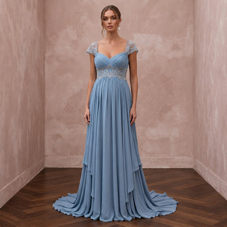 Dusty Blue Flowing Georgette Empire Waist Maternity Formal Dress - Apparel & Accessories > Clothing > Wedding & Bridal Party Dresses > Wedding Dresses - Mignonette Bridal