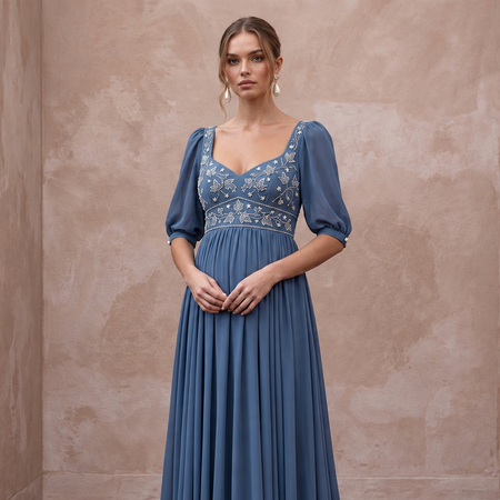 Dusty Blue Flowing Georgette Empire Waist Maternity Formal Dress