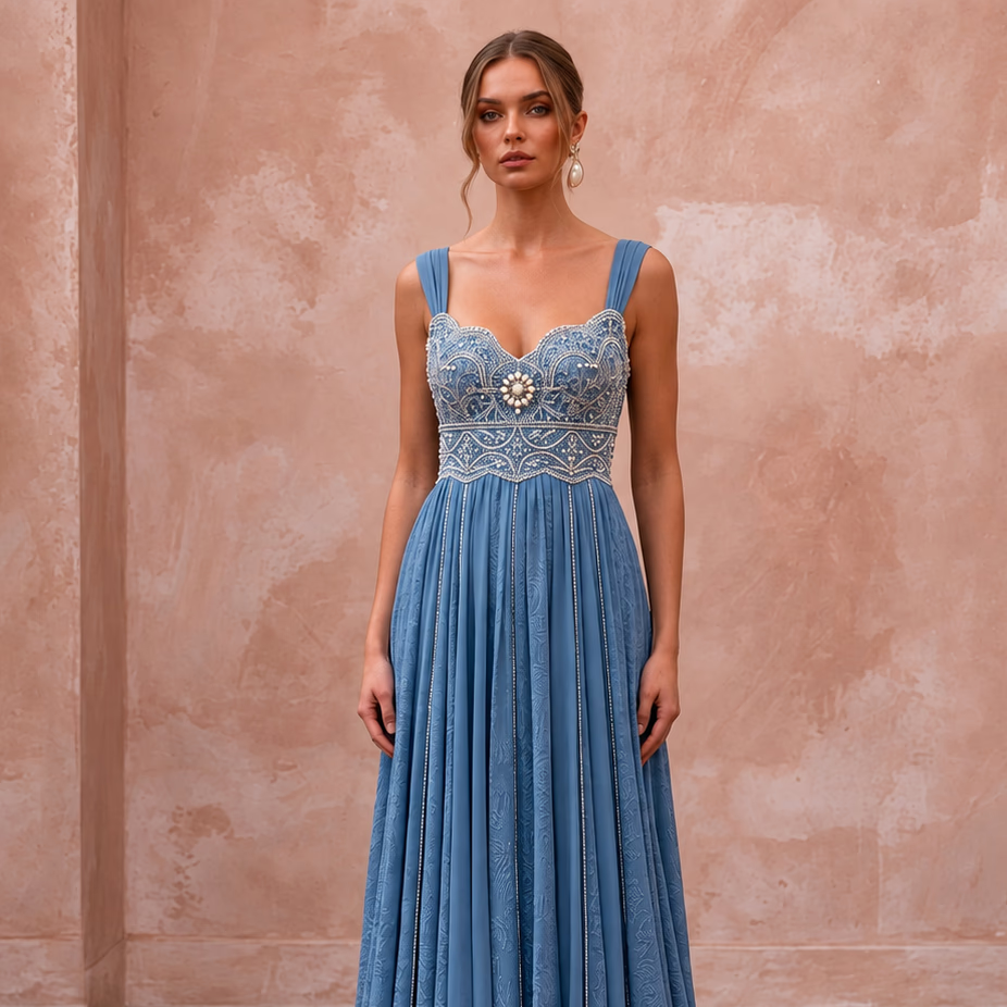 Dusty Blue Flowing Georgette Empire Waist Maternity Formal Dress