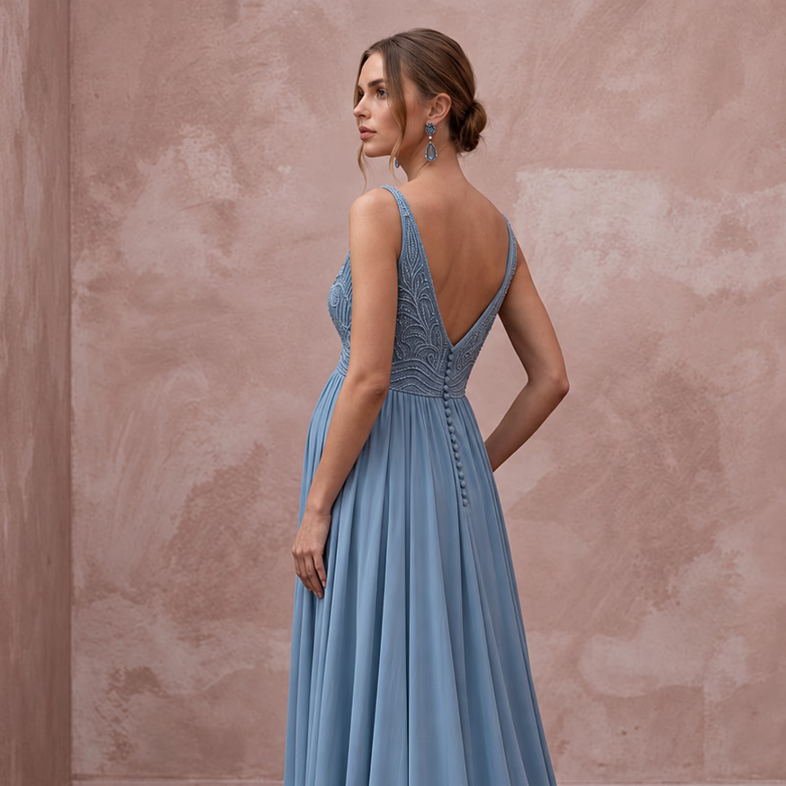 Dusty blue flowing georgette empire waist maternity formal dress with intricate detailing and elegant design.