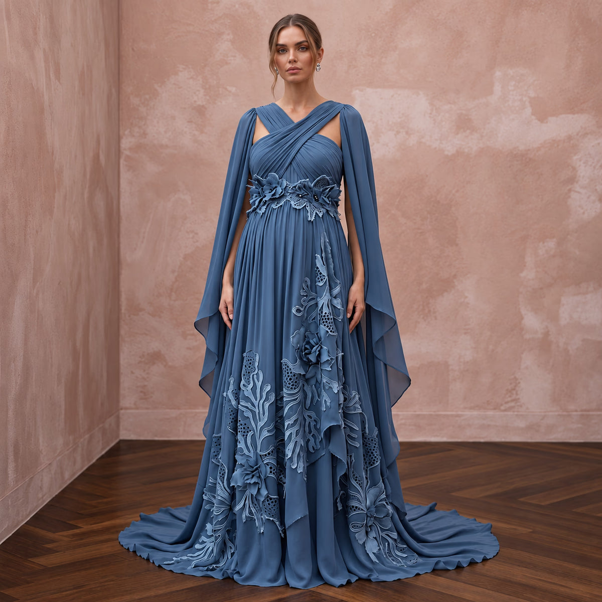 Dusty Blue Flowing Georgette Empire Waist Maternity Formal Dress