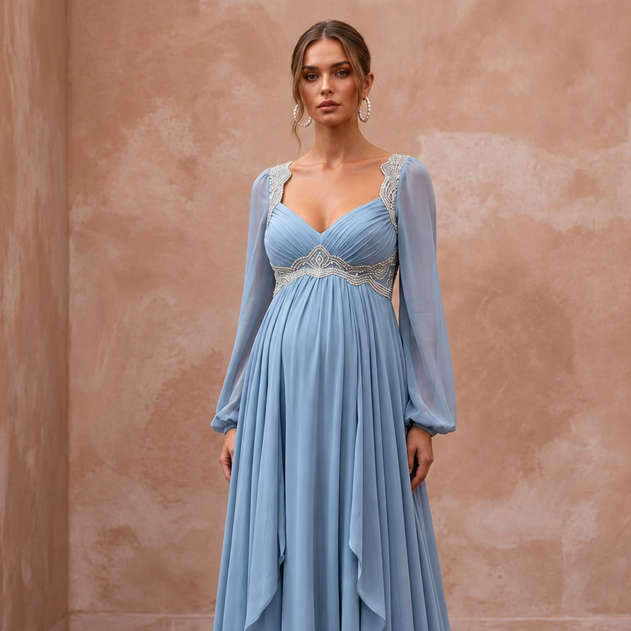 Dusty Blue Flowing Georgette Empire Waist Maternity Formal Dress