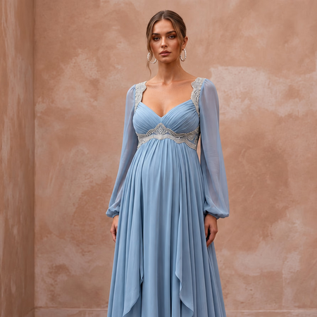 Dusty Blue Flowing Georgette Empire Waist Maternity Formal Dress
