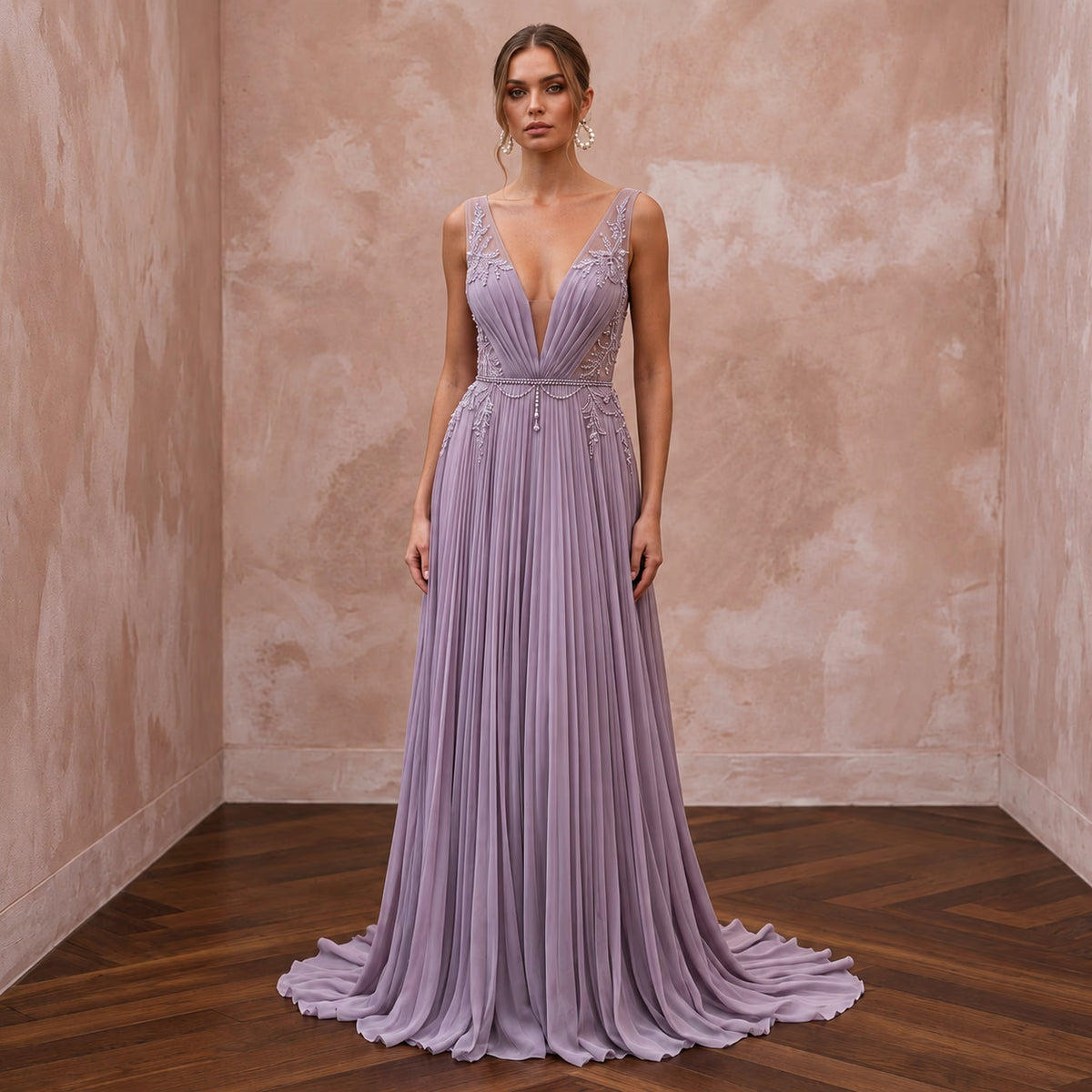 Dusty Lavender Chiffon Plunge Neck Pleated Skirt Prom Dress Main image