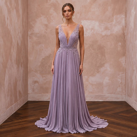 Dusty Lavender Chiffon Plunge Neck Pleated Skirt Prom Dress