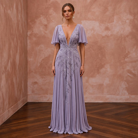Dusty Lavender Chiffon Plunge Neck Pleated Skirt Prom Dress