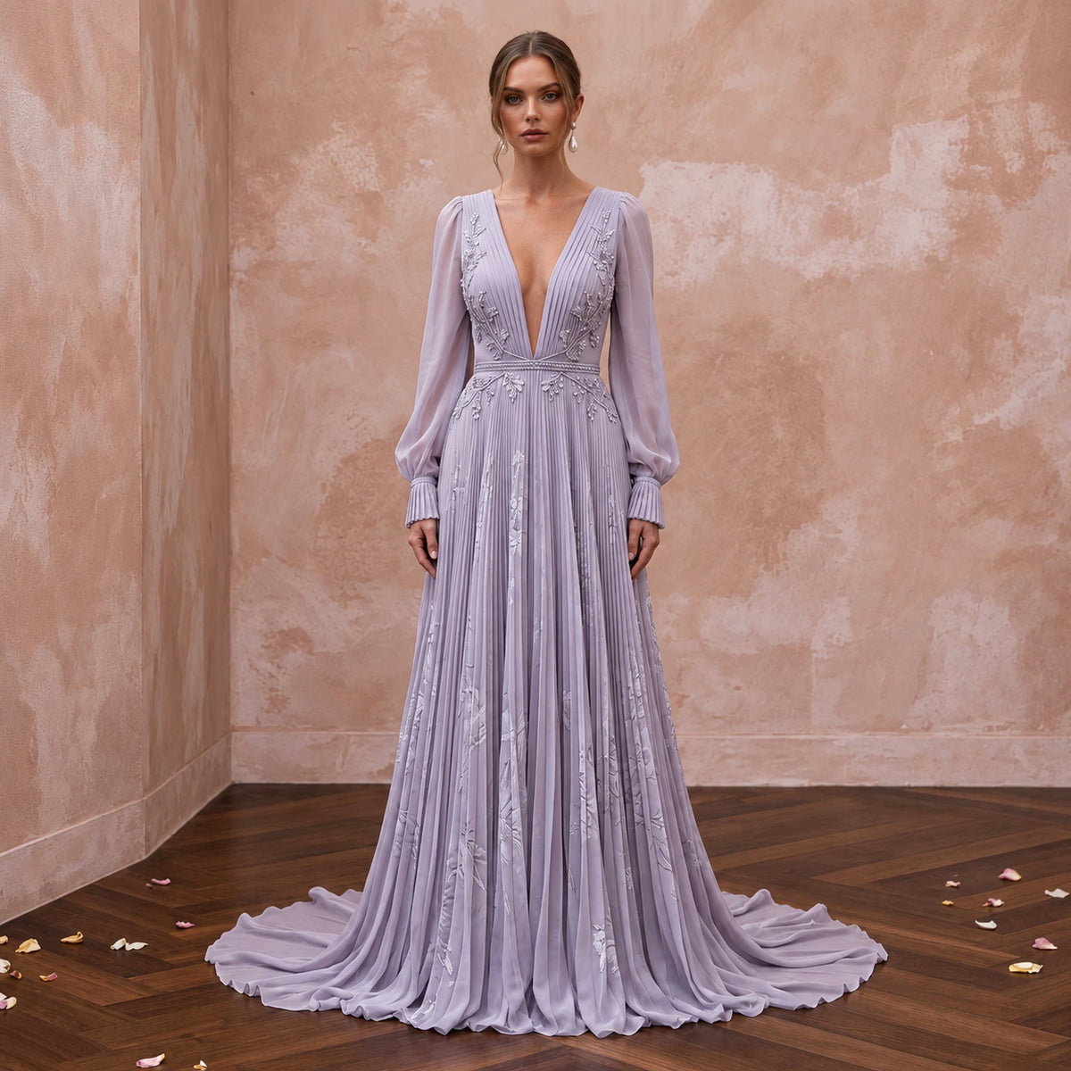 Dusty Lavender Chiffon Plunge Neck Pleated Skirt Prom Dress