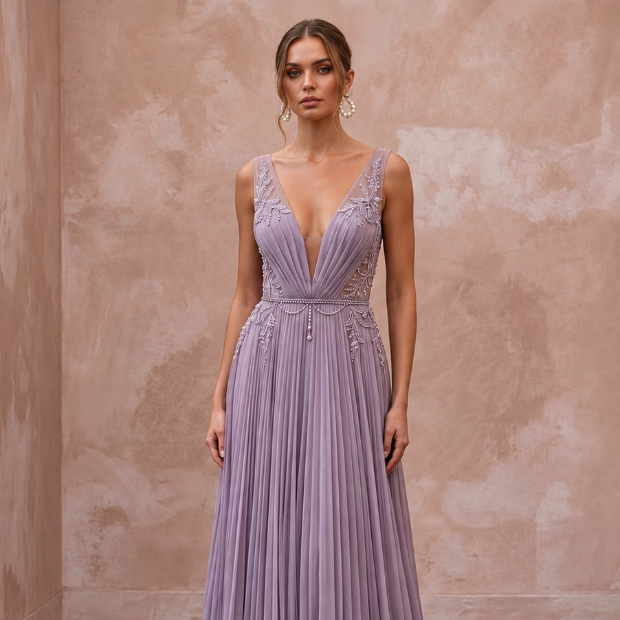 Dusty Lavender Chiffon Plunge Neck Pleated Skirt Prom Dress