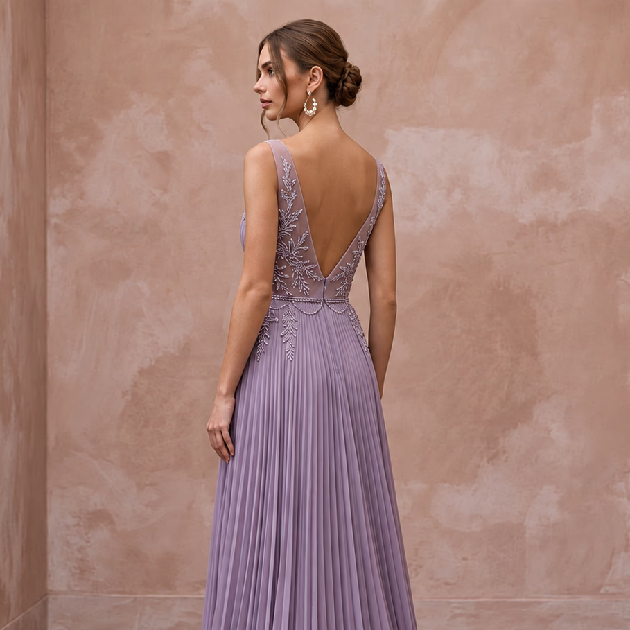 Dusty Lavender Chiffon Plunge Neck Pleated Skirt Prom Dress
