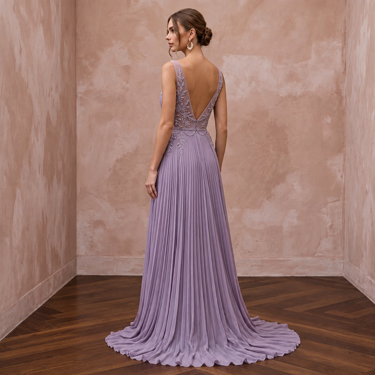 Dusty Lavender Chiffon Plunge Neck Pleated Skirt Prom Dress Secondary image