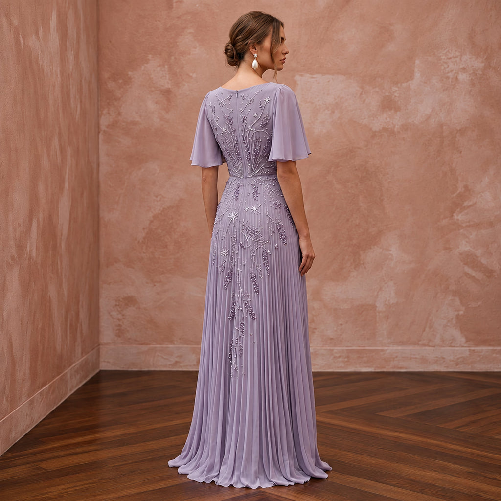 Dusty Lavender Chiffon Plunge Neck Pleated Skirt Prom Dress
