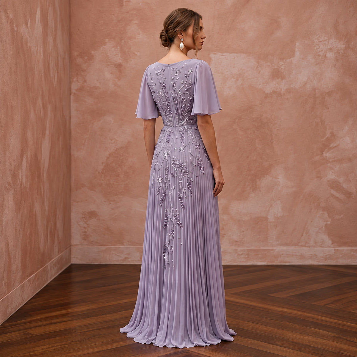 Dusty Lavender Chiffon Plunge Neck Pleated Skirt Prom Dress