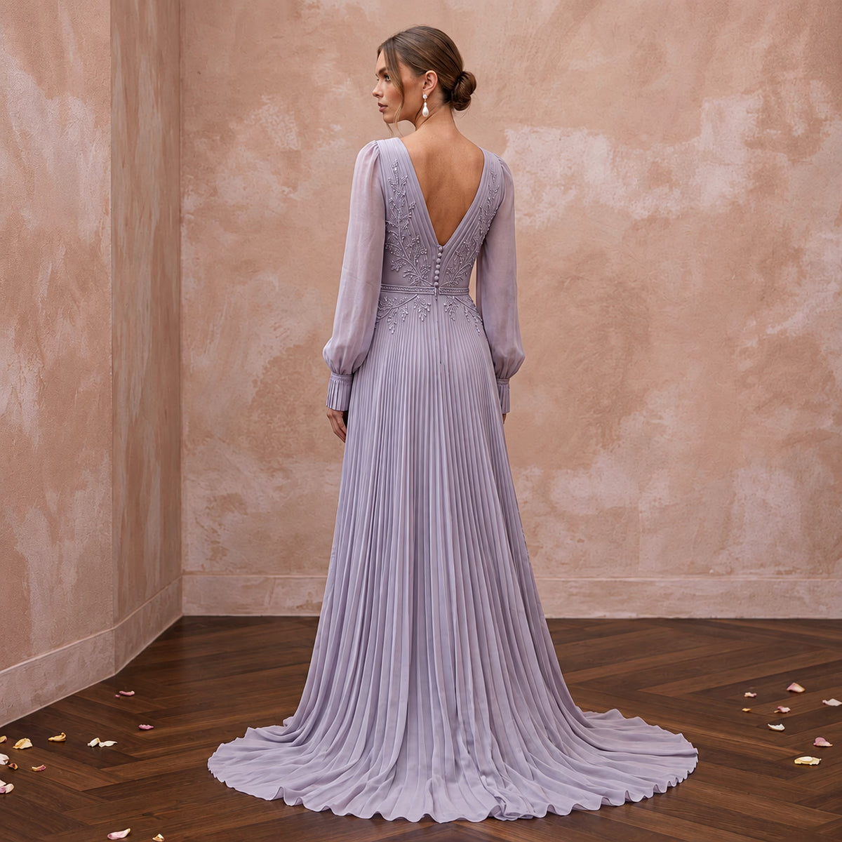Dusty Lavender Chiffon Plunge Neck Pleated Skirt Prom Dress