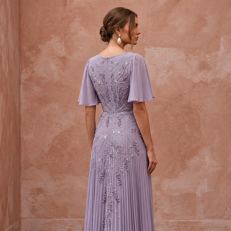 Dusty Lavender Chiffon Plunge Neck Pleated Skirt Prom Dress