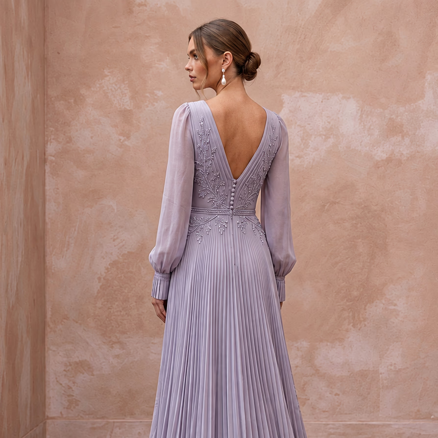Dusty Lavender Chiffon Plunge Neck Pleated Skirt Prom Dress