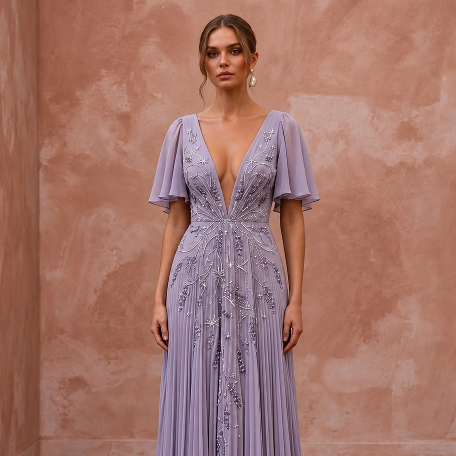Dusty Lavender Chiffon Plunge Neck Pleated Skirt Prom Dress