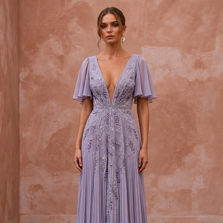 Dusty Lavender Chiffon Plunge Neck Pleated Skirt Prom Dress