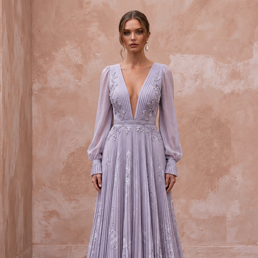 Dusty Lavender Chiffon Plunge Neck Pleated Skirt Prom Dress