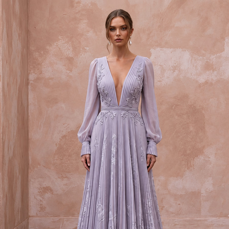 Dusty Lavender Chiffon Plunge Neck Pleated Skirt Prom Dress