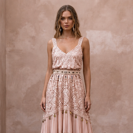 Eclectic Blush Sequin Lace Boho Dress for Boho Rehearsal