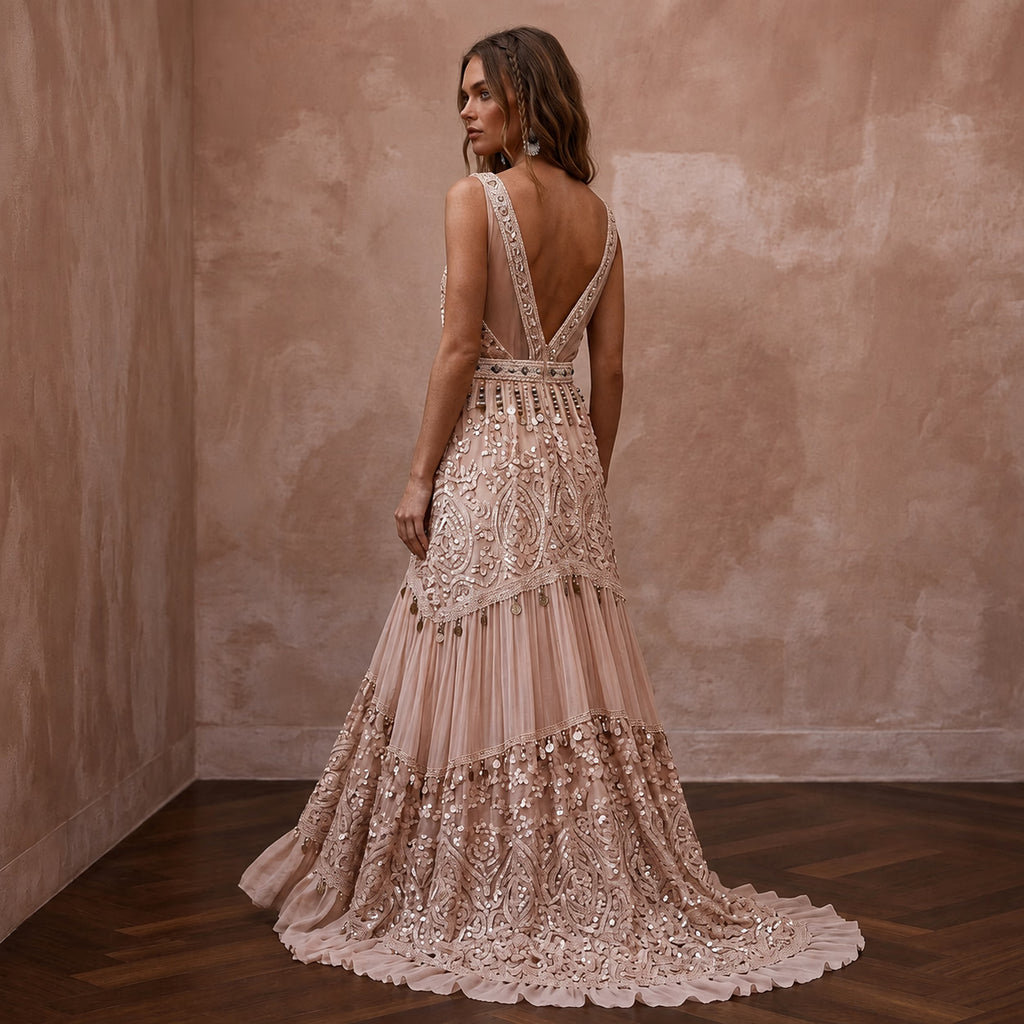Eclectic Blush Sequin Lace Boho Dress for Boho Rehearsal - Apparel & Accessories > Clothing > Wedding & Bridal Party Dresses > Wedding Dresses - Mignonette Bridal