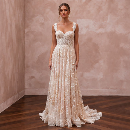 Eclectic Blush Sequin Lace Boho Wedding Dress for Boho Rehearsal