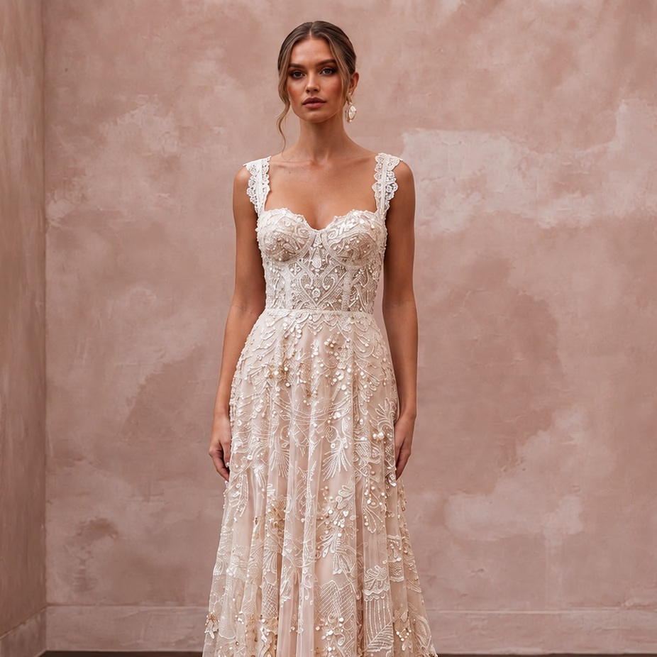 Eclectic Blush Sequin Lace Boho Wedding Dress for Boho Rehearsal