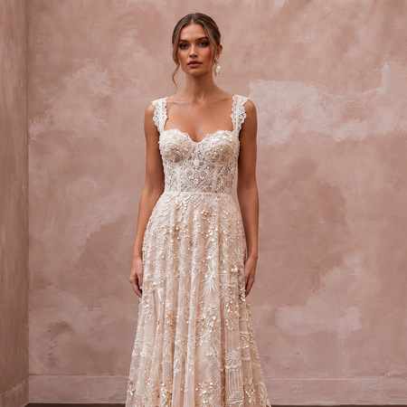Eclectic Blush Sequin Lace Boho Wedding Dress for Boho Rehearsal