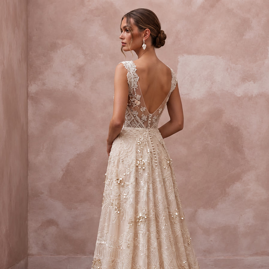 Eclectic Blush Sequin Lace Boho Wedding Dress for Boho Rehearsal
