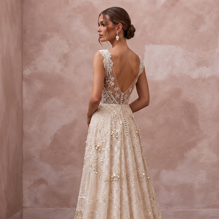Eclectic Blush Sequin Lace Boho Wedding Dress for Boho Rehearsal