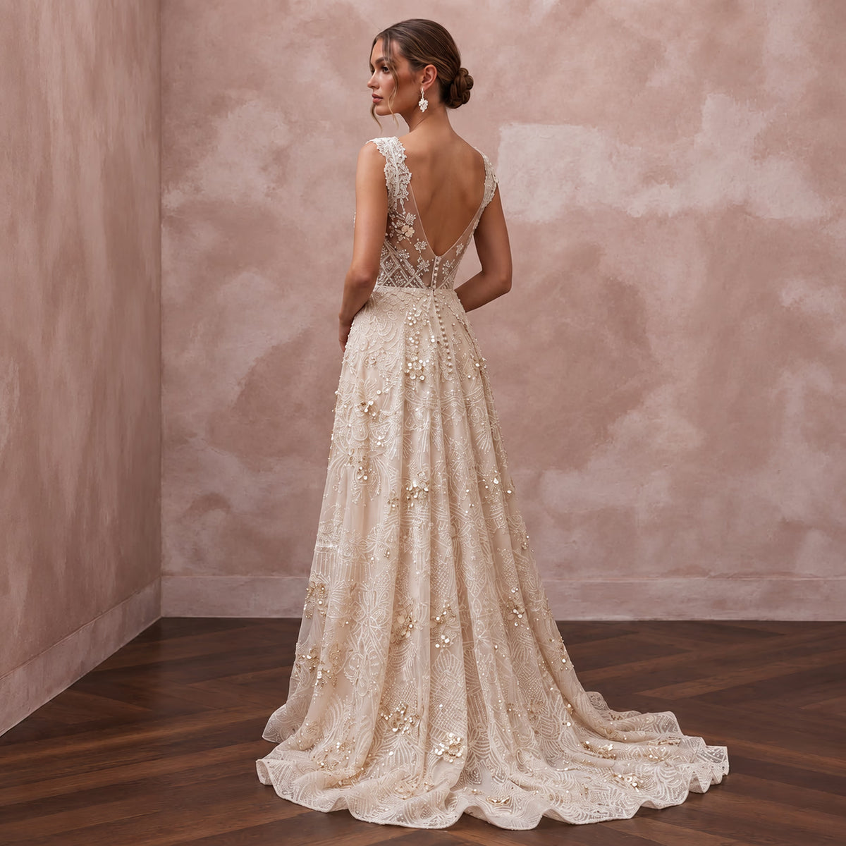 Eclectic Blush Sequin Lace Boho Wedding Dress for Boho Rehearsal