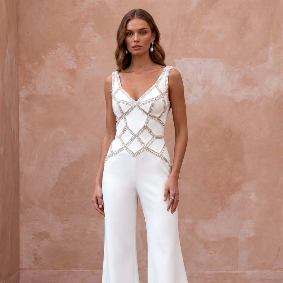 Edgy Diamond White Scuba Bridal Jumpsuit for Anniversary Celebration