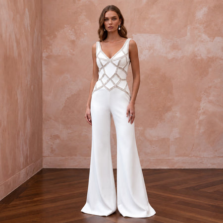 Edgy Diamond White Scuba Bridal Jumpsuit for Anniversary Celebration