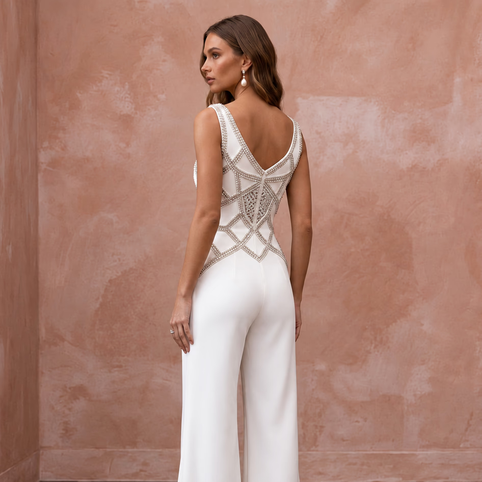 Edgy Diamond White Scuba Bridal Jumpsuit for Anniversary Celebration