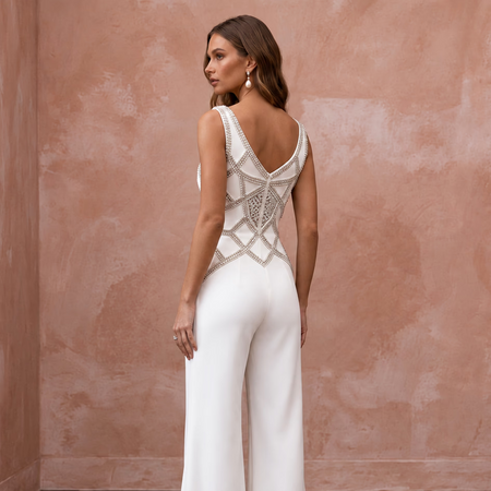 Edgy Diamond White Scuba Bridal Jumpsuit for Anniversary Celebration
