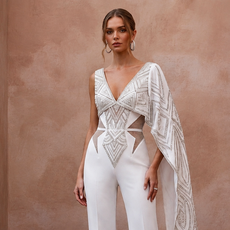 Edgy Diamond White Scuba Jumpsuit for Anniversary Celebration