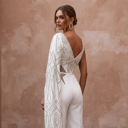 Edgy Diamond White Scuba Jumpsuit for Anniversary Celebration