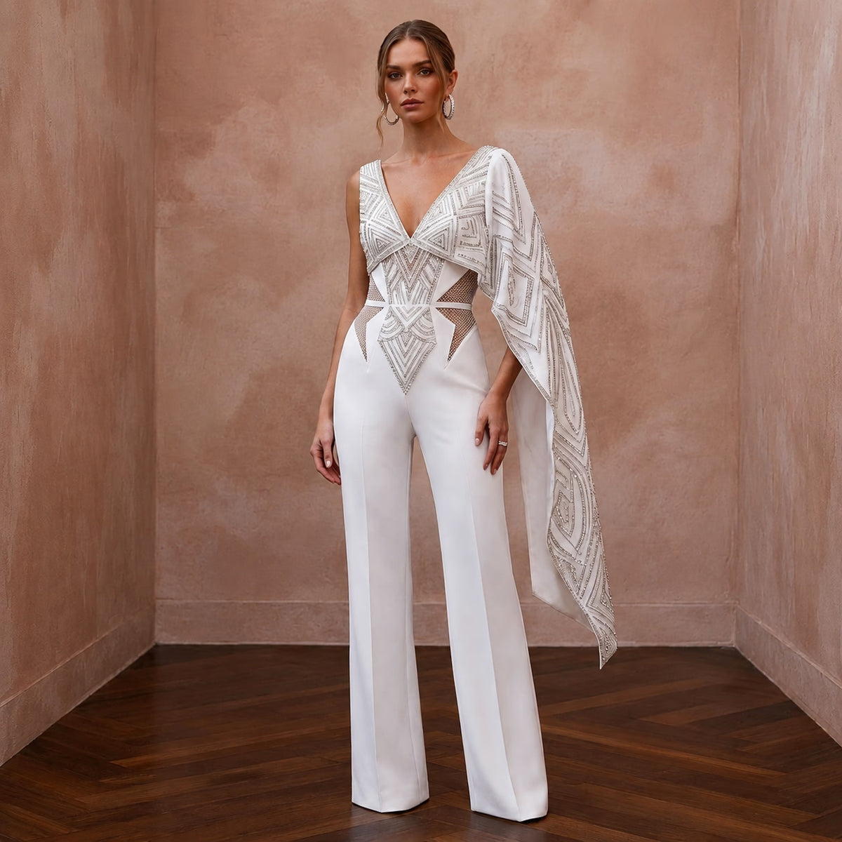 Edgy Diamond White Scuba Jumpsuit for Anniversary Celebration - Apparel & Accessories > Clothing > Wedding & Bridal Party Dresses > Wedding Dresses - Mignonette Bridal Main image