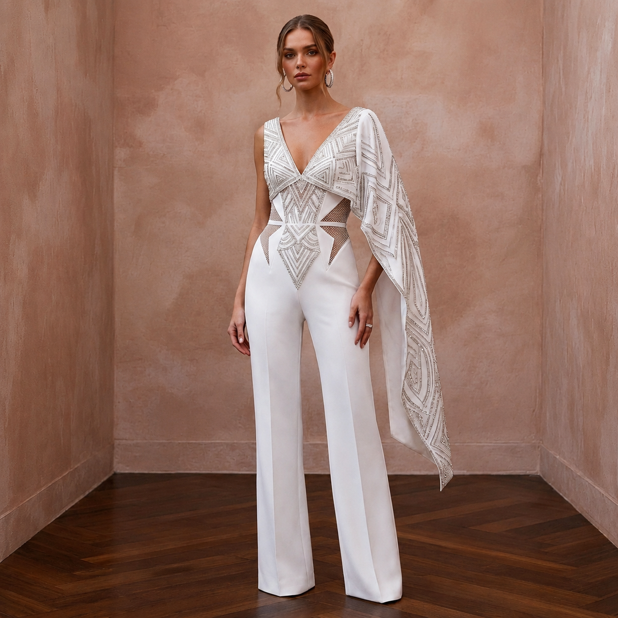Edgy Diamond White Scuba Jumpsuit for Anniversary Celebration