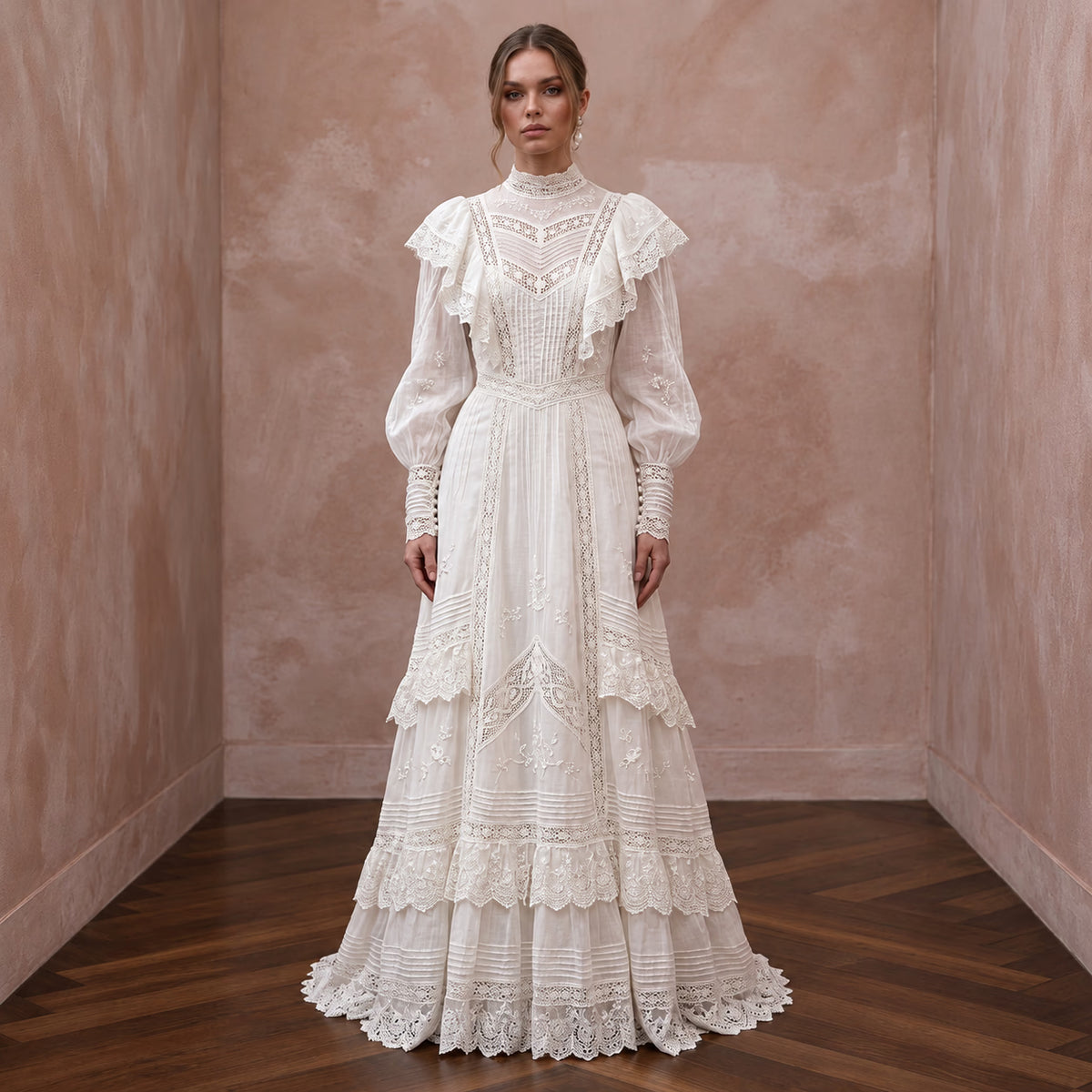 Edwardian Antique White Cotton Lawn Bridal Gown for Museum Elopement - Apparel & Accessories > Clothing > Wedding & Bridal Party Dresses > Wedding Dresses - Mignonette Bridal