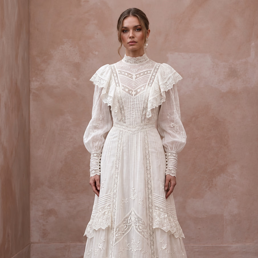 Edwardian Antique White Cotton Lawn Bridal Gown for Museum Elopement - Apparel & Accessories > Clothing > Wedding & Bridal Party Dresses > Wedding Dresses - Mignonette Bridal