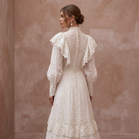 Edwardian Antique White Cotton Lawn Bridal Gown for Museum Elopement - Apparel & Accessories > Clothing > Wedding & Bridal Party Dresses > Wedding Dresses - Mignonette Bridal