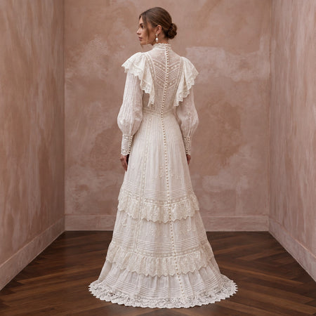 Edwardian Antique White Cotton Lawn Bridal Gown for Museum Elopement - Apparel & Accessories > Clothing > Wedding & Bridal Party Dresses > Wedding Dresses - Mignonette Bridal